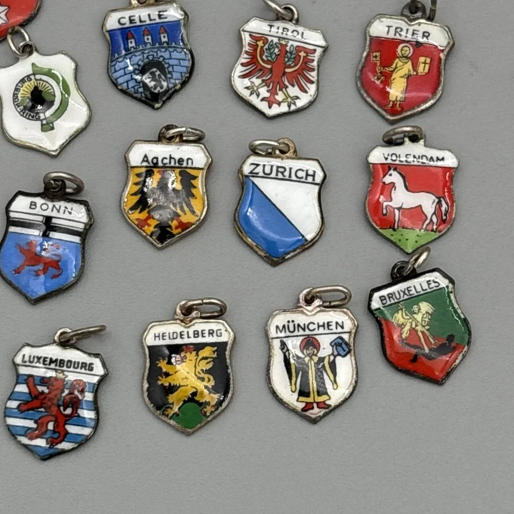 Lot of 24 Vintage 800 Silver REU ANTIKO Enamel European Travel Shield Charms 25g